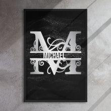Load image into Gallery viewer, M Black &amp; Chrome Vertical Split Initial Monogram on Canvas