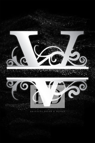 “V” Initial for Black and Chrome  -Vertical Framed Portrait-