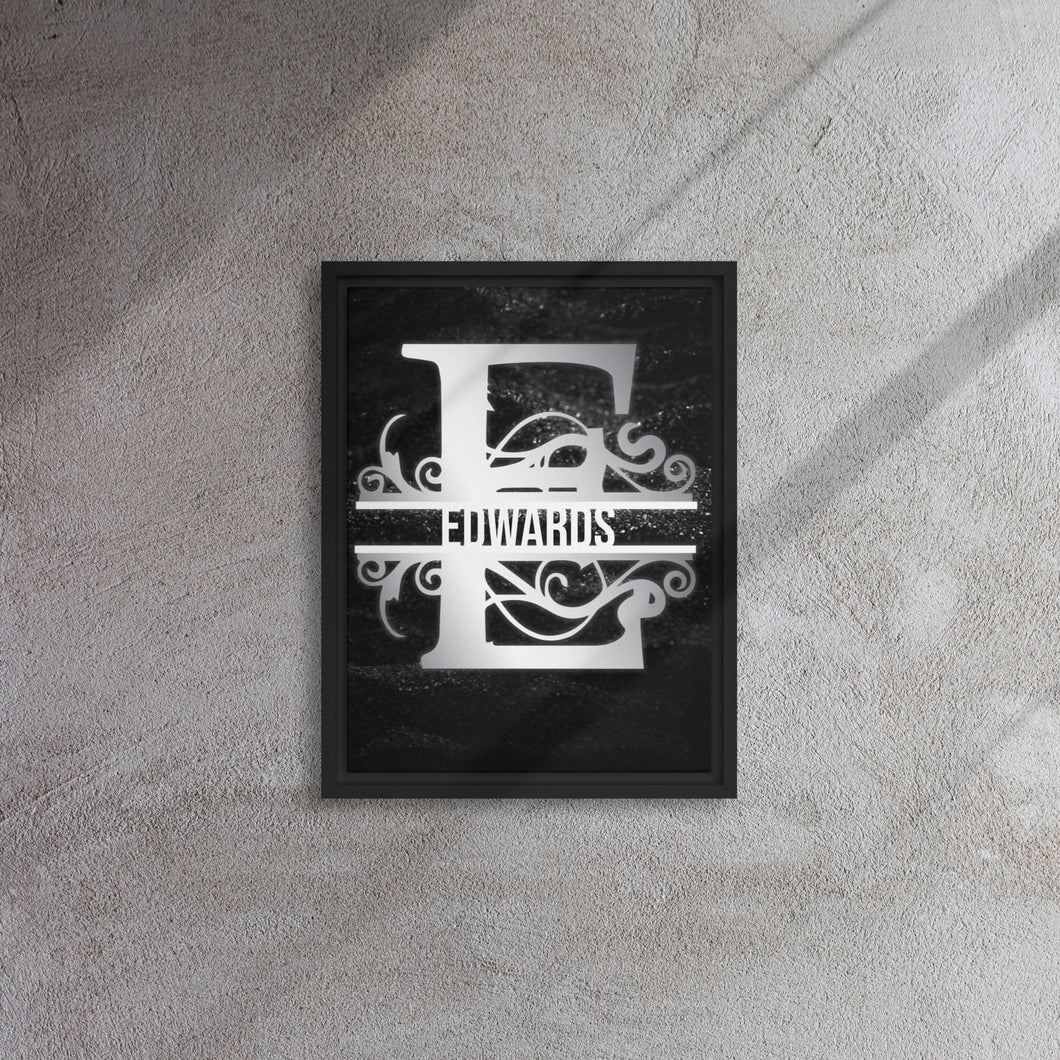 E Black & Chrome Vertical Split Initial Monogram on Canvas