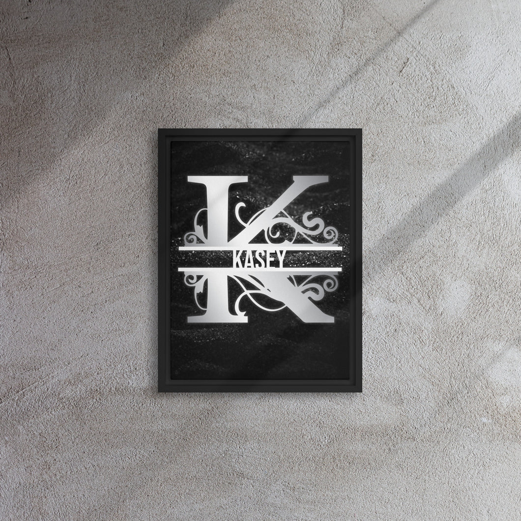 K Black & Chrome Vertical Split Initial Monogram on Canvas