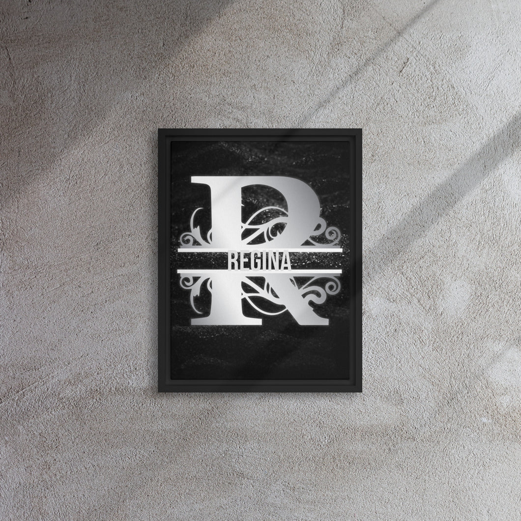 R Black & Chrome Vertical Split Initial Monogram on Canvas