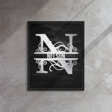 Load image into Gallery viewer, N Black &amp; Chrome Vertical Split Initial Monogram on Canva Black &amp; Chrome Vertical Split Initial Monogram on Canvas