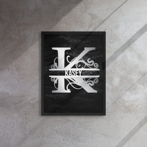 K Black & Chrome Vertical Split Initial Monogram on Canvas