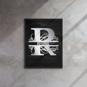 R Black & Chrome Vertical Split Initial Monogram on Canvas