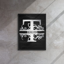 Load image into Gallery viewer, T Black &amp; Chrome Vertical Split Initial Monogram on Canvas