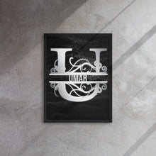 Load image into Gallery viewer, U Black &amp; Chrome Vertical Split Initial Monogram on Canvas