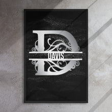 Load image into Gallery viewer, D Black &amp; Chrome Vertical Split Initial Monogram on Canvas