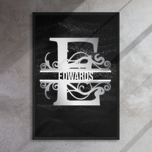E Black & Chrome Vertical Split Initial Monogram on Canvas