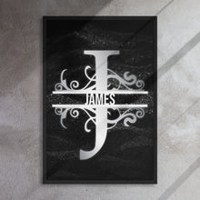 Load image into Gallery viewer, J Black &amp; Chrome Vertical Split Initial Monogram on Canvas