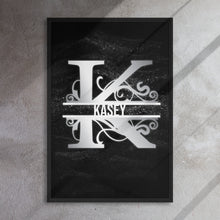 Load image into Gallery viewer, K Black &amp; Chrome Vertical Split Initial Monogram on Canvas