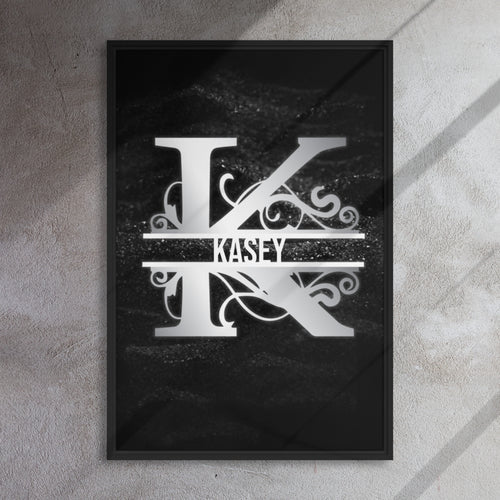 K Black & Chrome Vertical Split Initial Monogram on Canvas