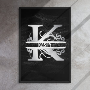 K Black & Chrome Vertical Split Initial Monogram on Canvas