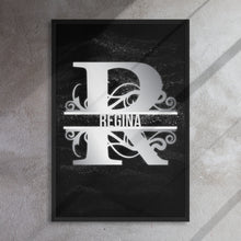 Load image into Gallery viewer, R Black &amp; Chrome Vertical Split Initial Monogram on Canvas