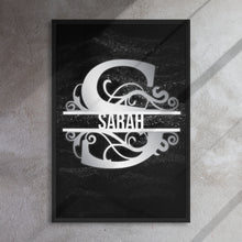 Load image into Gallery viewer, S Black &amp; Chrome Vertical Split Initial Monogram on Canvas