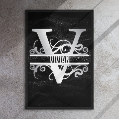 V Black & Chrome Vertical Split Initial Monogram on Canvas